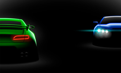Fototapeta na wymiar realistic green blue two sport car view with unlocked headlights in the dark