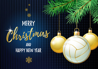 Merry Christmas and Happy New Year. Sports greeting card. Volleyball ball as a Christmas ball. Vector illustration.