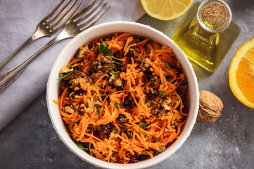 Carrot slaw with cranberries, walnuts and citrus dressing.