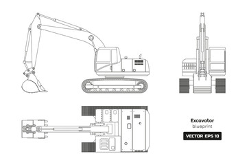 Outline drawing of excavator on white background. Top, side and front view. Diesel digger blueprint. Hydraulic machinery image. Industrial document © shaineast