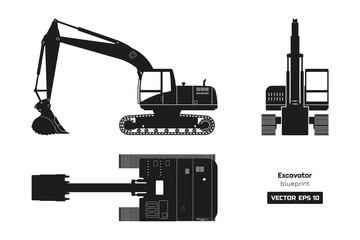 Black silhouette of excavator on white background. Top, side and front view. Diesel digger blueprint. Hydraulic machinery image © shaineast