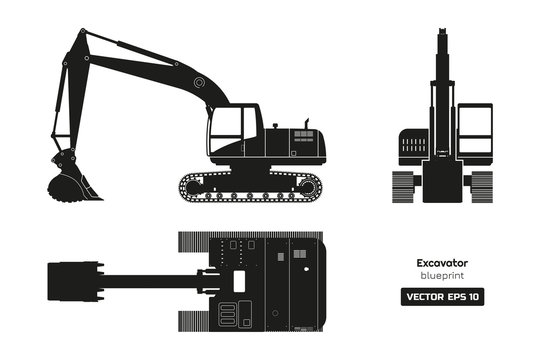 Black silhouette of excavator on white background. Top, side and front view. Diesel digger blueprint. Hydraulic machinery image
