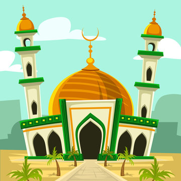 vector cartoon hand drawn luxury mosque template with tower and golden dome illustration