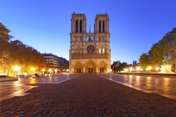 Fototapeta na wymiar Empty square and Cathedral of Notre Dame de Paris in the morning, Paris, France