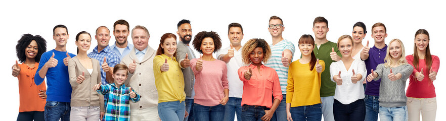people, diversity and international concept - group of men, women and kid showing thumbs up over white background