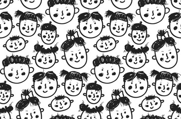 Cute doodle children faces seamless vector pattern