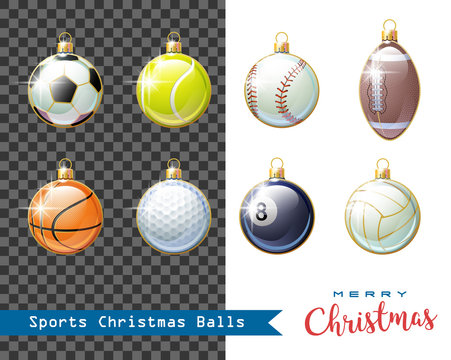 Merry Christmas. Collection of different Sports Christmas balls for your creative works. Soccer, Baseball, Basketball, Tennis, American Football, Rugby, Golf, Billiard. Vector illustration.
