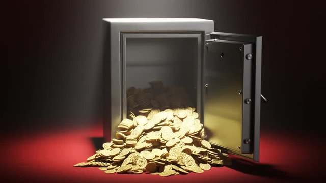 Opening of safe vault doors. Many antique, gold coins falling on red carpet.