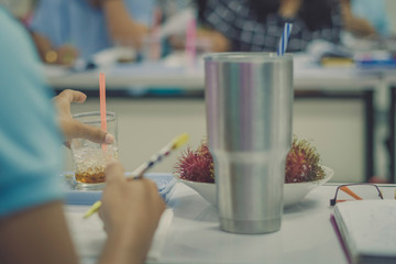 Female teachers meeting for plan teaching in school, Selective f