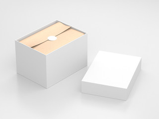 Opened large White Box Mockup with brown kraft wrapping paper and round label