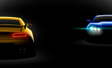 Naklejka premium realistic blue yellow two sport car view with unlocked headlights in the dark