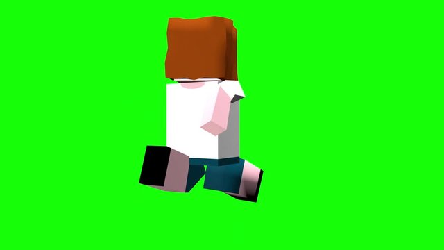 Block styled character running on green screen.
