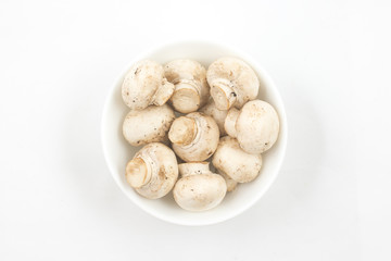 Mushroom champignon in a bowl isolated on white background