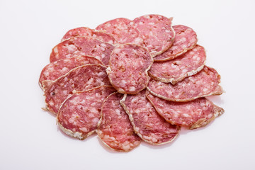 Saucisson sec delicious french salami on a white background