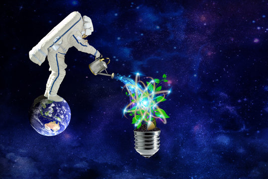 spaceman grows plants on pure cosmic energy.elements of this image furnished by NASA