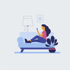 Young woman on the sofa with smartphone vector illustration in flat style.
