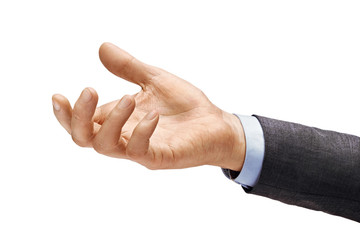 Man's hand in suit begs to something isolated on white background. Palm up, close up. High...