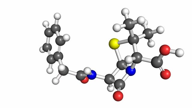 Penicillin G molecule, rotating ball and stick model, seamless loop