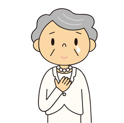 二頭身　　シニア　微笑みを浮かべ泣いているおばあちゃん　白いスーツ　冠婚葬祭