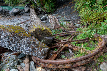 Old rusty wheels on the beach near the Treadwell mine historic park in Juneau Alaska