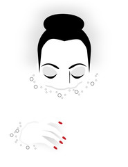 An attractive woman relaxes in a milk bath in a minimalist fashion and beauty illustration.