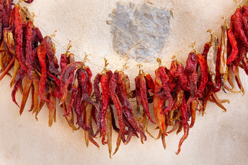 Zum Trocknen aufgehängte Chilies
