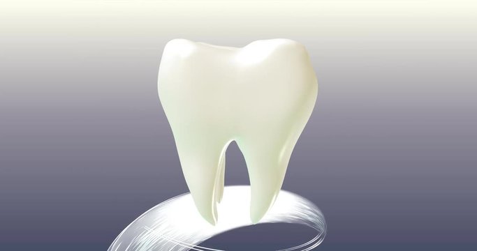 Tooth whitening process. Dental care 3D animation for advertisement toothpaste or other teeth care products. Sparkling beautiful white molar tooth after brushing.
