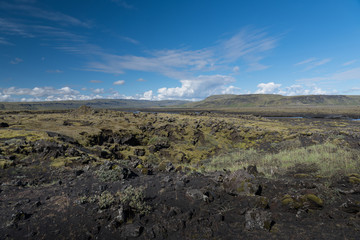Very typical view of southern Iceland black rocky lava plains, covered by moss,lichens, bilberry and crowberry In the background can be seen the Highland volcanic mountains with ice and glaciers