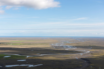 Aerial photograph of a glacial river system in the south of Iceland.