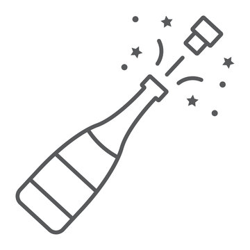 Champagne bottle pop thin line icon, alcohol and celebration, drink sign, vector graphics, a linear pattern on a white background.