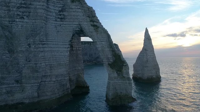 France, Normandy, Aerial view of Etretat Aval cliff, rocks and natural arch landmark.