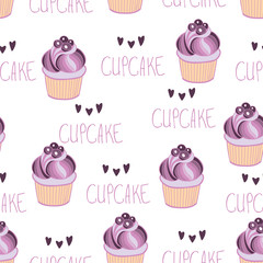 Beautiful yummy blueberry cupcake seamless background pattern. Vector illustration