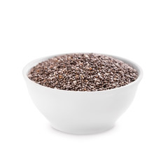 Healthy chia seeds in bowl on white background