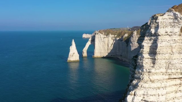 France, Normandy, Aerial view of Etretat Aval cliff, rocks and natural arch landmark.