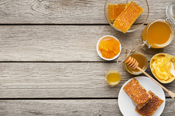 Different varieties of sweet golden fresh honey
