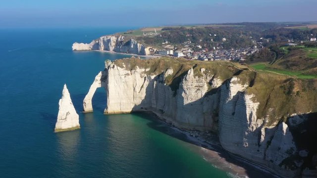 France, Normandy, Aerial view of Etretat Aval cliff, rocks and natural arch landmark.