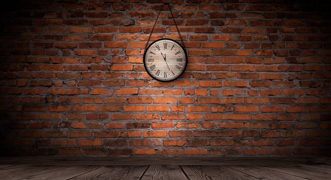 Antique Clock On The Old, Brick Wall, Wooden Floor, Smoke, Fog. Dark Gloomy Background Of Empty Room.