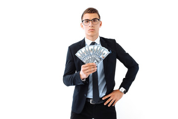 businessman wearing glasses and suit, holding a dollar bills on a white background.