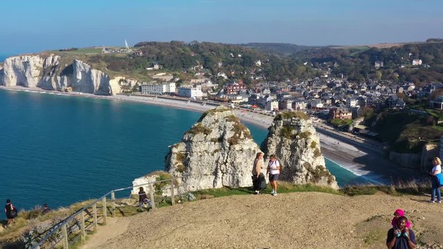 France, Normandy, Aerial view of Etretat Aval cliff, rocks and natural arch landmark.