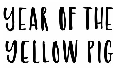 Year of the yellow pig. Handwritten text. Modern calligraphy. Isolated on white