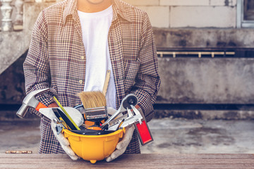 Equipment of carpenter in helmet