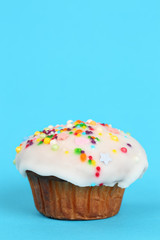 Delicious homemade muffin with white fondant and colorful sugar sprinkles icing on a bright turquoise blue background. Vertical image with large copy space