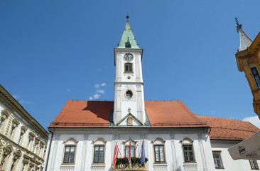Fototapeta na wymiar Varazdin city hall with clock tower, one of the most famous landmark in town, Varazdin, Croatia