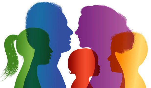 Family concept. Colored silhouette. Profiles with mom - dad - little boy - girl. Multiple exposure. Vector