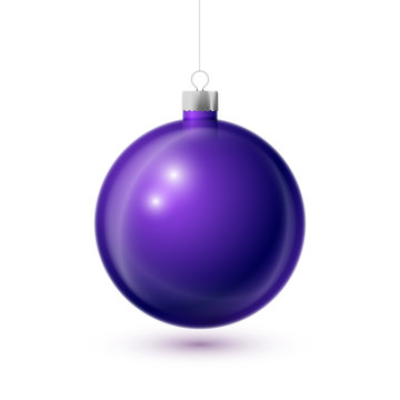 Realistic Purple Christmas Ball With Silver Ribbon, Isolated On White Background. Merry Christmas Greeting Card. Vector Illustration