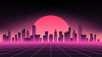 Night cityscape vector illustration. Silhouettes of urban buildings.
