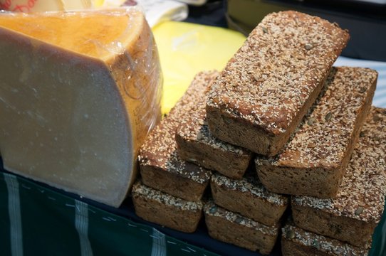 Cheese and bread on display for sale