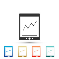 Tablet with statistic graph chart icon isolated on white background. Financial chart and graph sign. Set elements in colored icons. Flat design. Vector Illustration