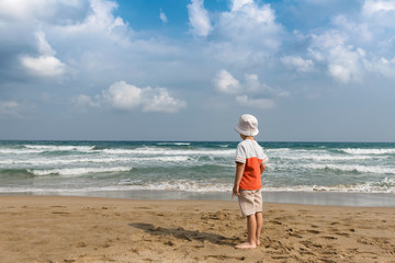 Fototapeta na wymiar little boy on the beach playing with sand