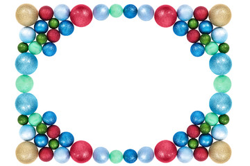 Frame of colorful christmas toys on white background. Bright new year balls. New year 2019